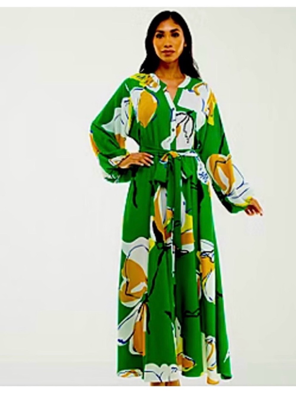 Vibrant Green Floral Tie-Waist Maxi Dress